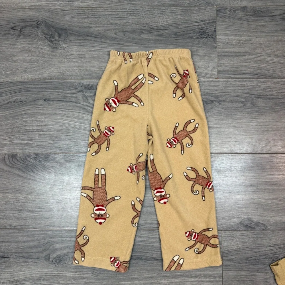 Sock Monkey Fleece Pajamas 4Y Tan Red Two Piece Set‎ Cozy Kids Sleepwear